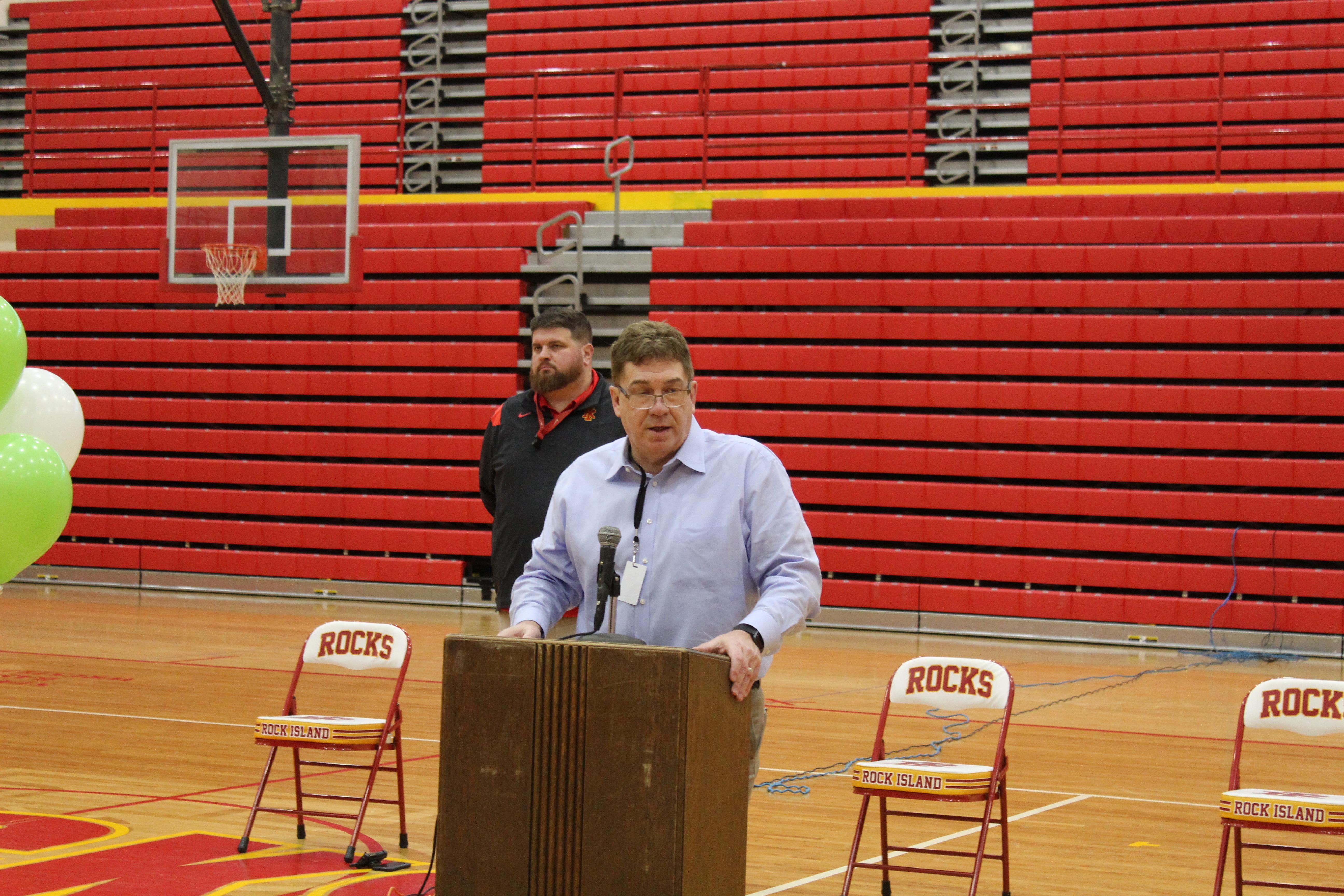 Athletic Director Mike Emendorfer speaking