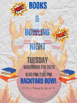 books and bowling night event flyer